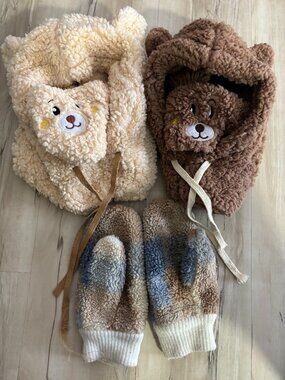 Toddler Teddy Bear Fleece Hat & Mittens Bundle 🧸 Cute Winter Set Sherpa Kids